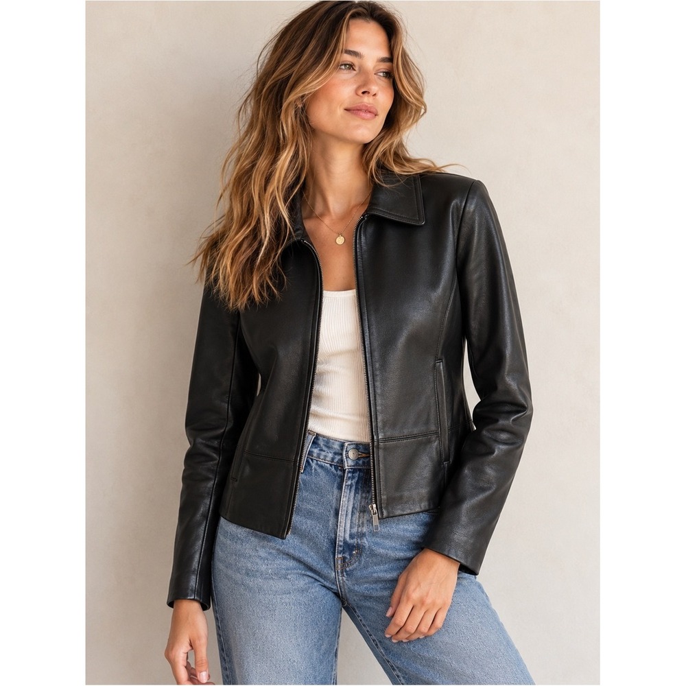 Colebrook Black Leather Jacket M 90s Minimalist Y2K Model Off Duty Moto